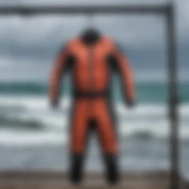 A well-maintained neoprene suit hanging to dry after use in cold water.