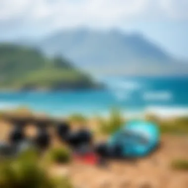 Scenic Kiteboarding Location with Gear Scenic view of a kiteboarding location with gear laid out