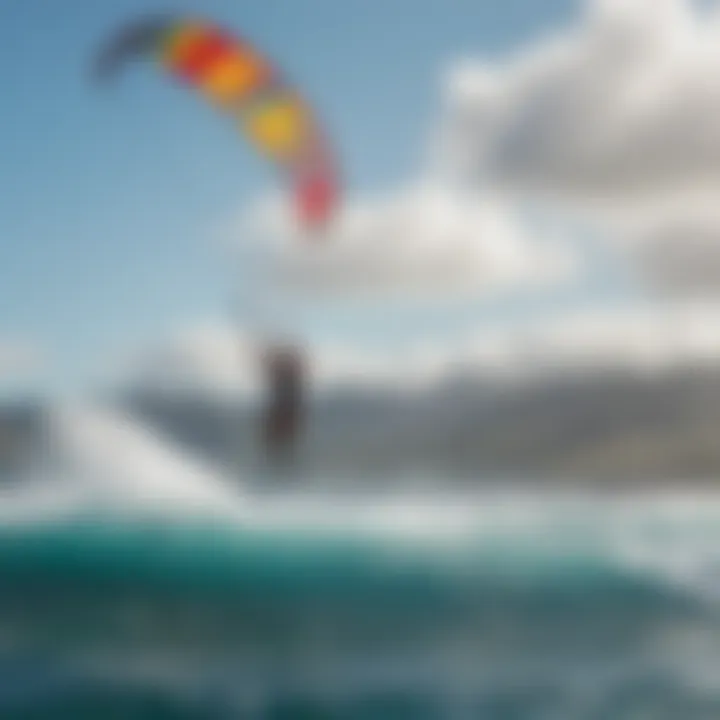 A vibrant kiteboarding scene on Oahu's coast showcasing colorful kites soaring against the backdrop of blue skies.