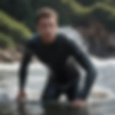 An individual testing wetsuit fit in a cold water setting