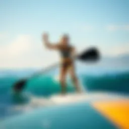 Dynamic paddle boarding workout in a serene setting