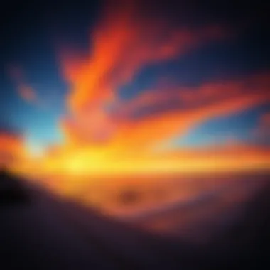 A panoramic view of Panama City Beach under a vibrant sunset, showcasing the dynamic sky.