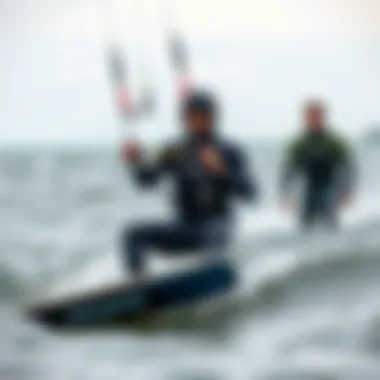 Kiteboarding scene highlighting the performance with Patagonia springsuit in varied water conditions