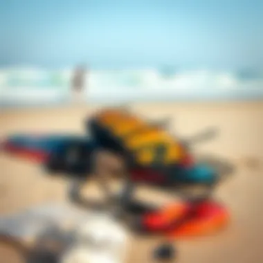 Kitesurfing Gear on the Beach Kitesurfing gear laid out on the beach for inspection and maintenance