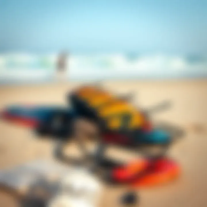 Kitesurfing Gear on the Beach Kitesurfing gear laid out on the beach for inspection and maintenance