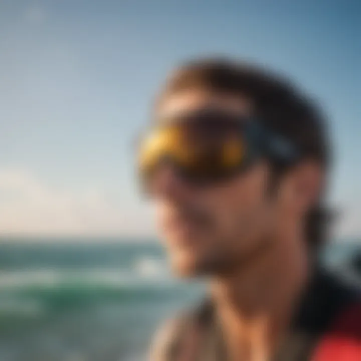 A comfortable pair of kitesurfing sunglasses being worn in a sunny environment.