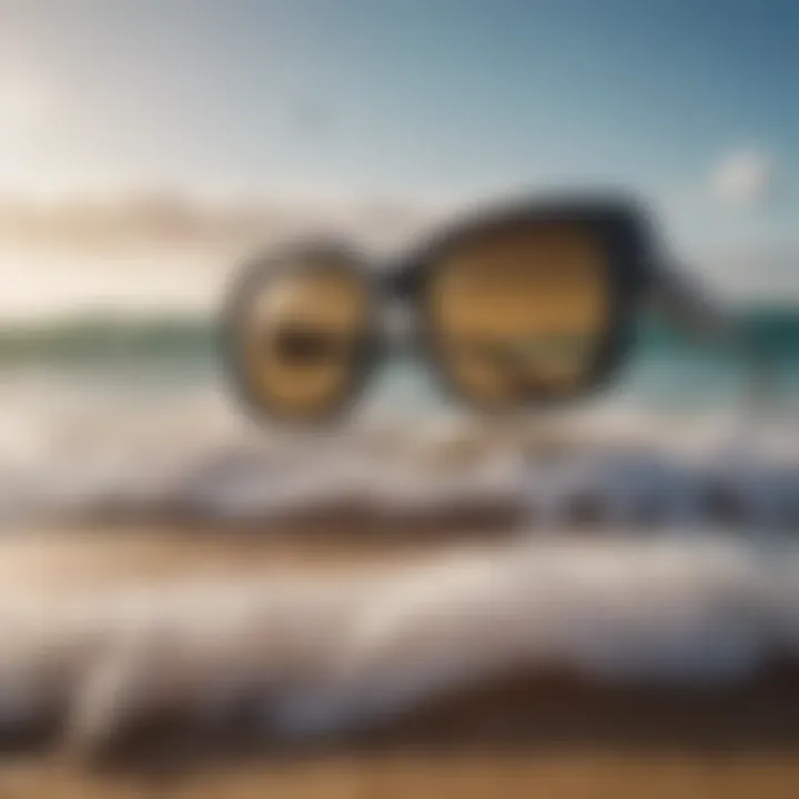 A stylish pair of kitesurfing sunglasses framed against a backdrop of ocean waves.