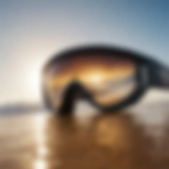 A close-up of high-performance kitesurfing sunglasses showcasing advanced lens technology.