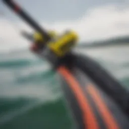 Close-up view of a sliding stopper system on a kiteboarding harness