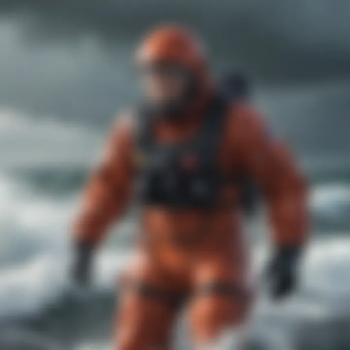 A dramatic representation of a sailor in a survival suit amidst turbulent sea conditions