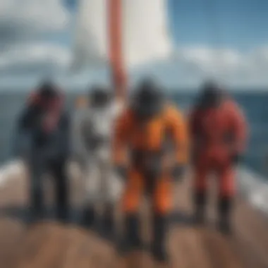 An overview of various types of survival suits displayed on a sailboat deck