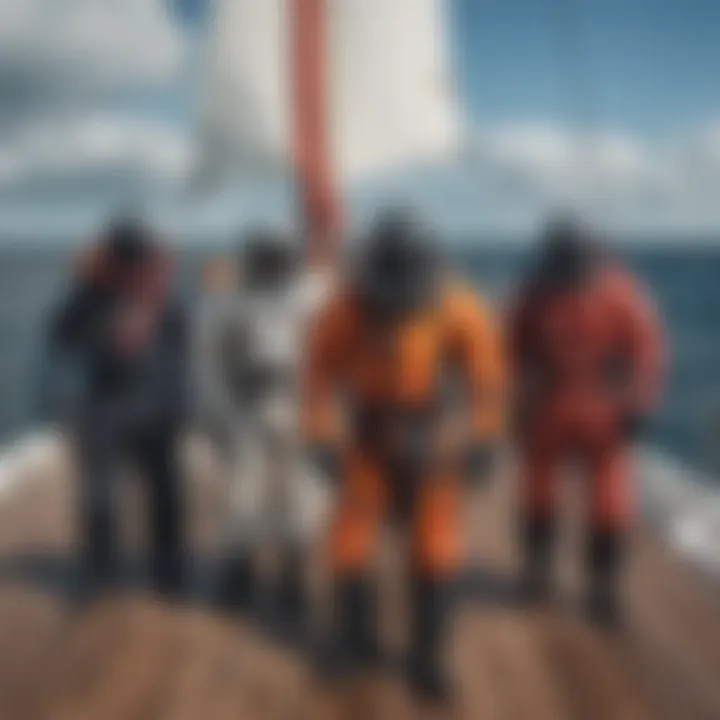 An overview of various types of survival suits displayed on a sailboat deck