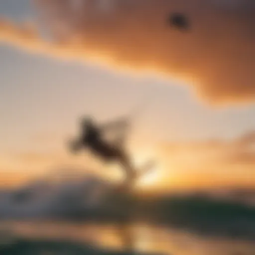 A kiteboarder expertly switching kites in mid-air against a vibrant sunset.