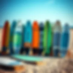 Different types of kitesurf boards displayed on a beach