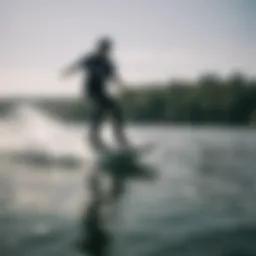 Dynamic wake foil boarding action on a serene lake