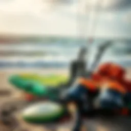 Kitesurfing gear displayed on the beach