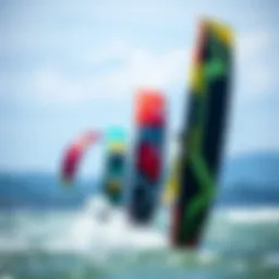 An overview of various kitesurfing kites showcasing different designs and sizes