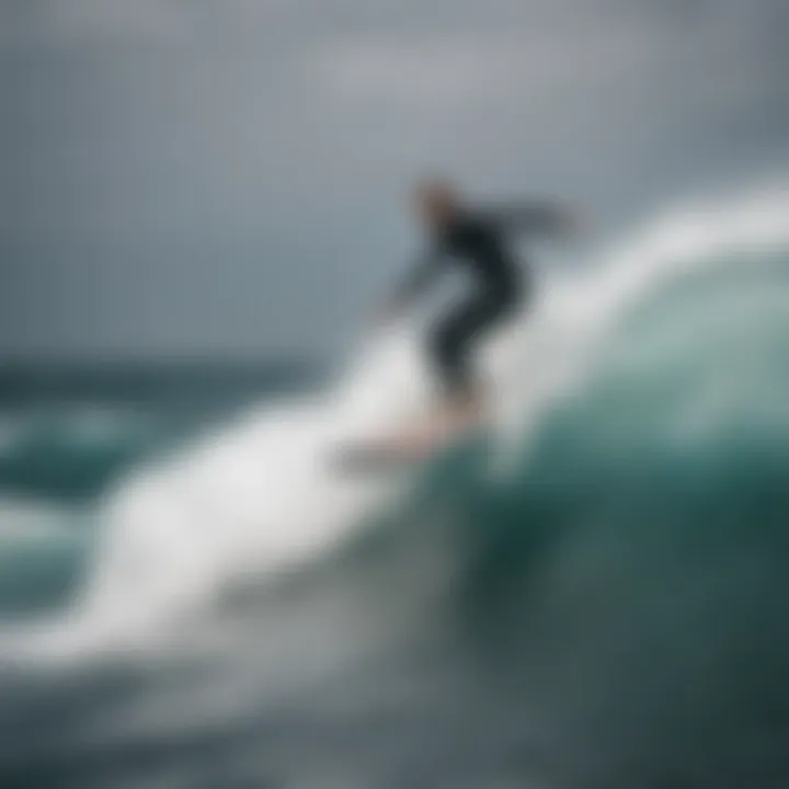 Dynamic action shot of a surfer using a hydrofoil board on a wave.