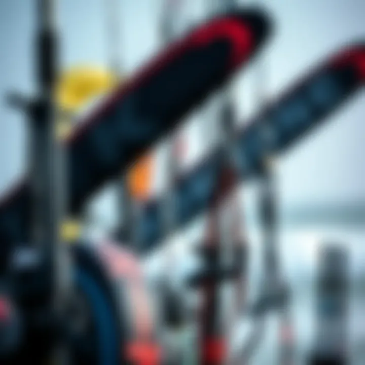 Diverse Kiteboarding Gear Featuring Carbon Fibre Technology A collection of various kiteboarding equipment emphasizing the role of carbon fibre