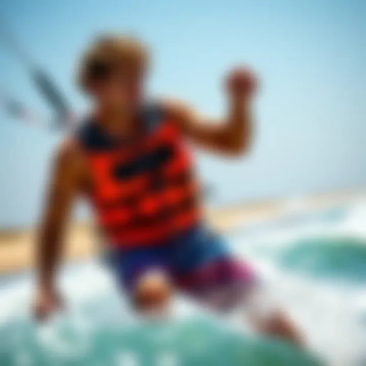 Kiteboarder in Action with Impact Vest Kiteboarder wearing an impact vest on a vibrant beach