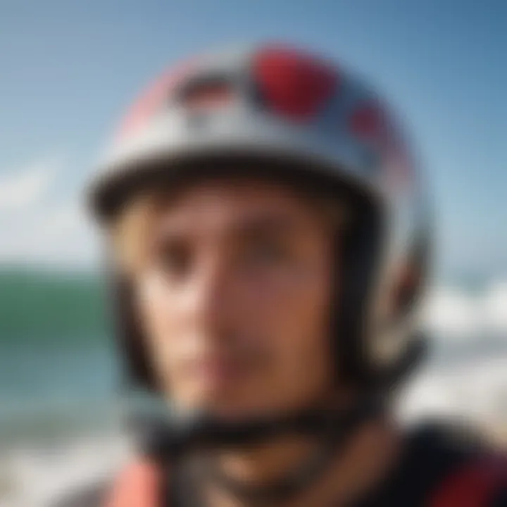 A close-up view of a durable kite surfing helmet showcasing its advanced features.