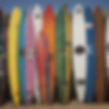 A diverse selection of used kite boards displayed for sale, highlighting various brands and styles.