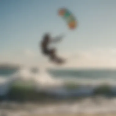 A serene beach scene with kiteboarders showcasing different styles, emphasizing diversity in kiteboarding.