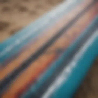 A close-up view of a used kite board showcasing its intricate design and wear.