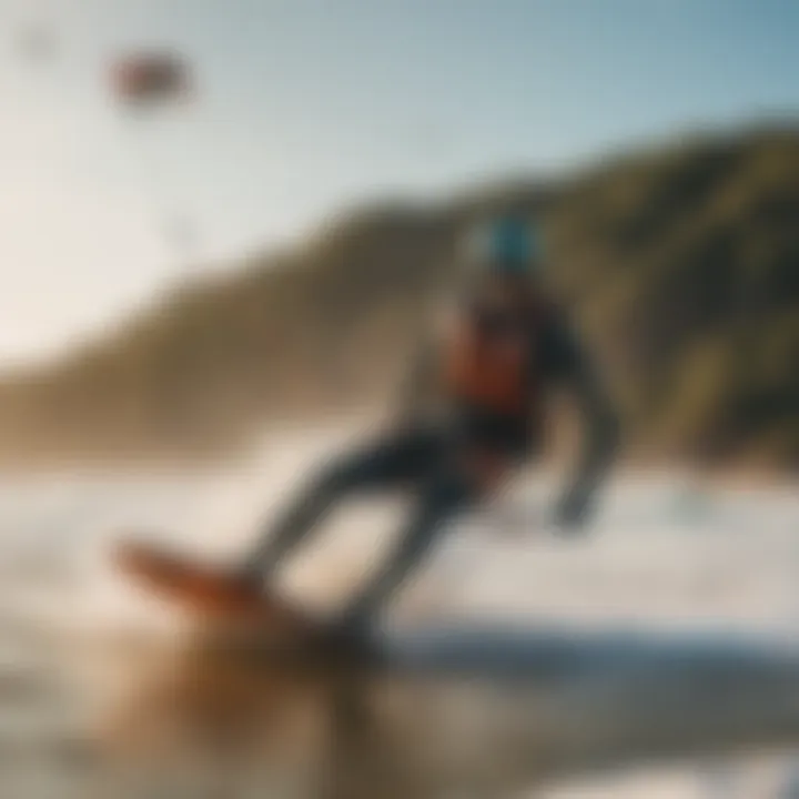 Kiteboarder riding on a vibrant beach with wind app indicators