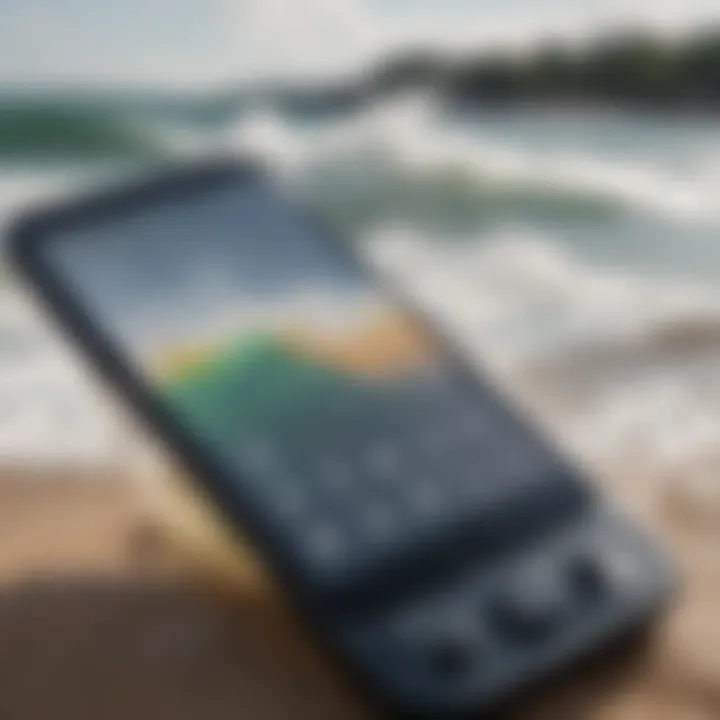 Close-up of a smartphone showing wind data for kiteboarding