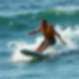 A surfer wearing a flotation vest riding a wave