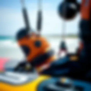Essential Kiteboarding Gear Close-up of kiteboarding equipment and safety gear essential for a safe experience.