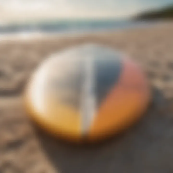 Close-up of a surfboard resting in the sand with the ocean in the background