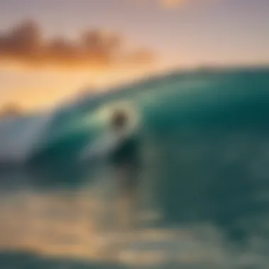 A stunning panoramic view of a surfer riding a wave against a sunset backdrop