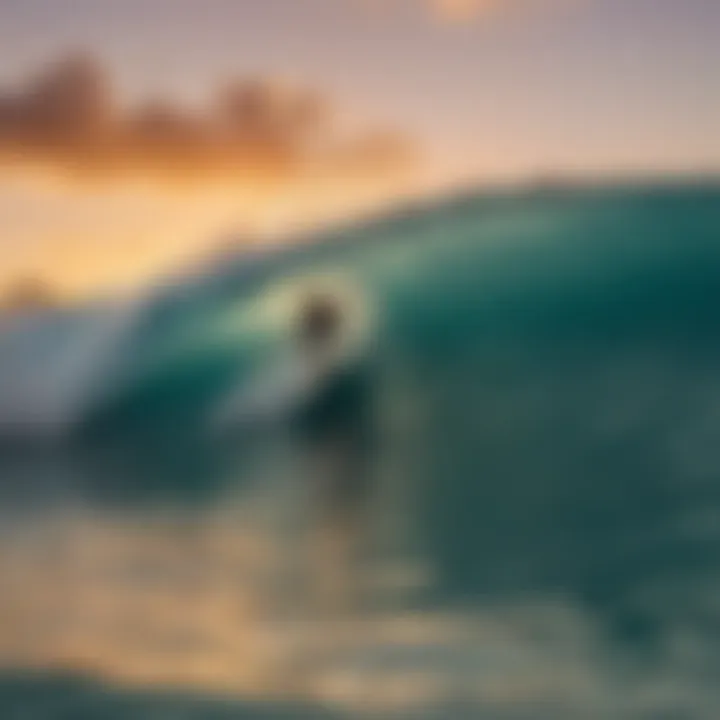 A stunning panoramic view of a surfer riding a wave against a sunset backdrop