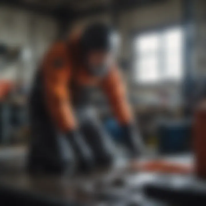 User installing a drysuit seal in a well-lit workshop