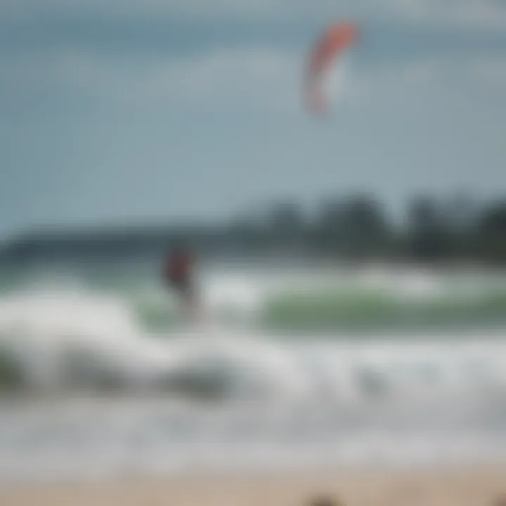 Windy conditions at the beach, with kiteboarders taking advantage of the breeze