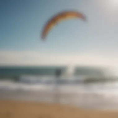 A scenic beach landscape with kiteboarders training using power kite trainers.