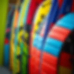 Colorful kitesurfing kites displayed in a shop