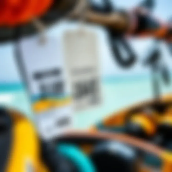 Analyzing Price Tags of Kitesurfing Equipment Price tags displayed on various kitesurfing equipment