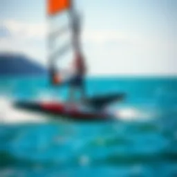 A hydrofoil sailboard gliding over water