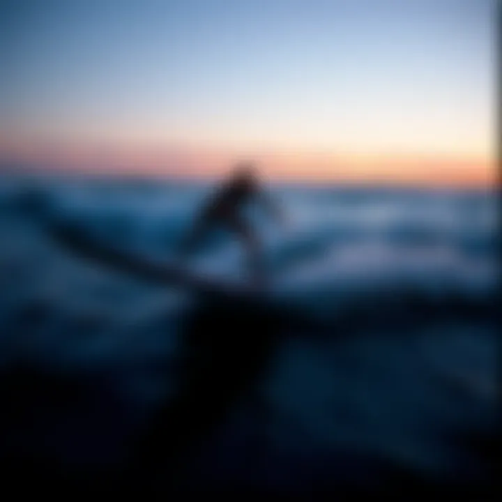 Hydrofoiling at Dusk: A Unique Surfing Experience Scenic view of a hydrofoil surfboard in action at sunset