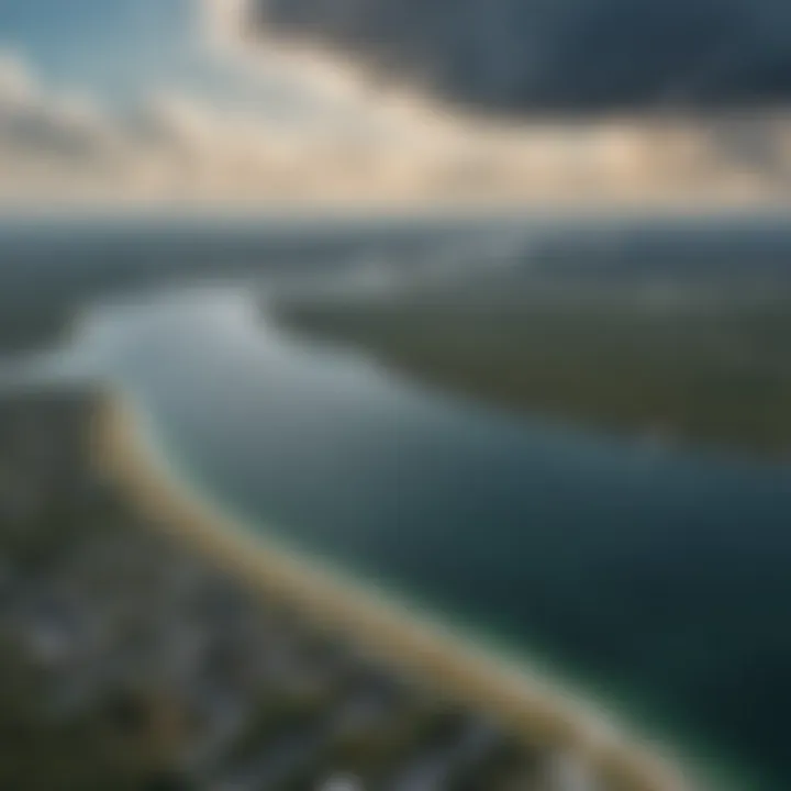 An aerial view of Eastpoint, FL with weather radar cloud formations.