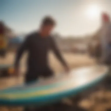 Enthusiast examining a used kite board at a market