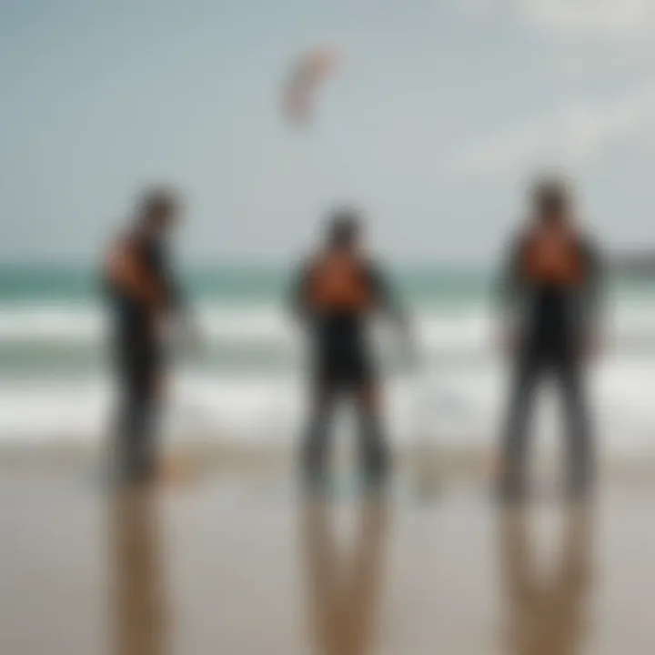 Group of kiteboarders discussing wind conditions on the beach