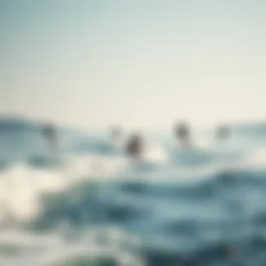 A serene lakeside view with wakesurfers in action
