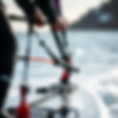 Adjusting Harness Lines for Optimal Fit Windsurfer adjusting harness lines on board