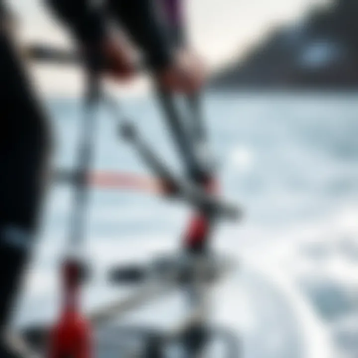 Adjusting Harness Lines for Optimal Fit Windsurfer adjusting harness lines on board