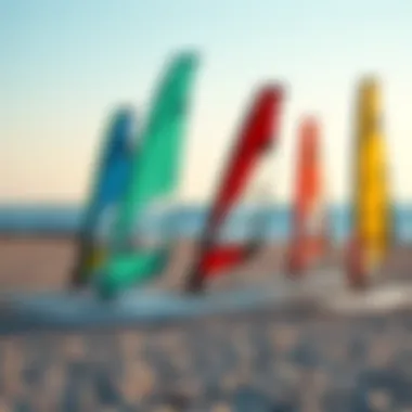 Different types of windsurfing hydrofoils displayed on the beach