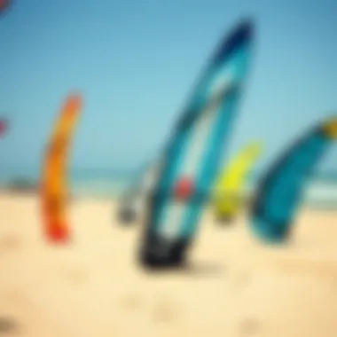 A serene beach scene with various wing surf wings displayed, highlighting upcoming trends in the sport.